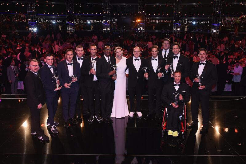 MONACO - FEBRUARY 27:  The Laureus Award winners with Prince Albert II of Monaco and his wife Charlene,Princess of Monaco  pose on stage during the 2018 Laureus World Sports Awards show at Salle des Etoiles, Sporting Monte-Carlo on February 27, 2018 in Monaco, Monaco.  (Photo by Stuart C. Wilson/Getty Images for Laureus)
