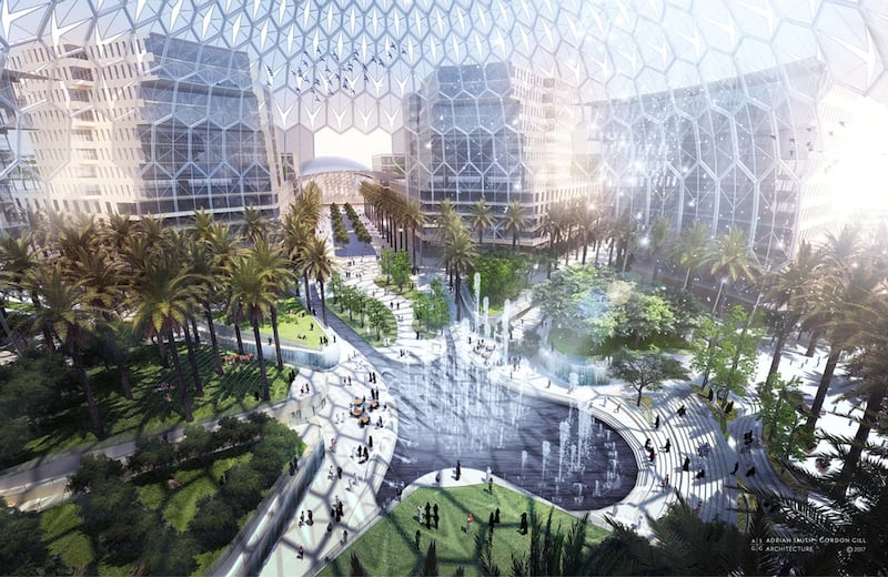 An artist impression showing the intricate domed trellis of the Al Wasl Plaza; the central area of Expo 2020.