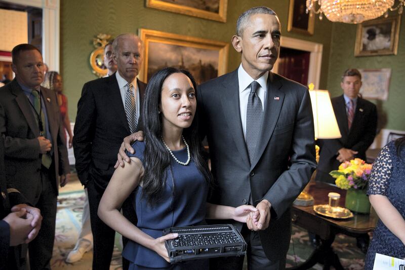 President Barack Obama waits with introducer Haben Girma, who is deaf and blind, in the Green Room prior to remarks during the Americans with Disabilities Act 25th Anniversary reception in the East Room of the White House, July 20, 2015. (Official White House Photo by Pete Souza)