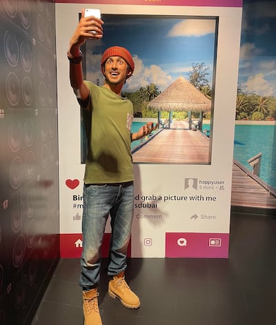 Take a selfie with social media star Bin Baz at Madame Tussauds Dubai. Janice Rodrigues / The National 
