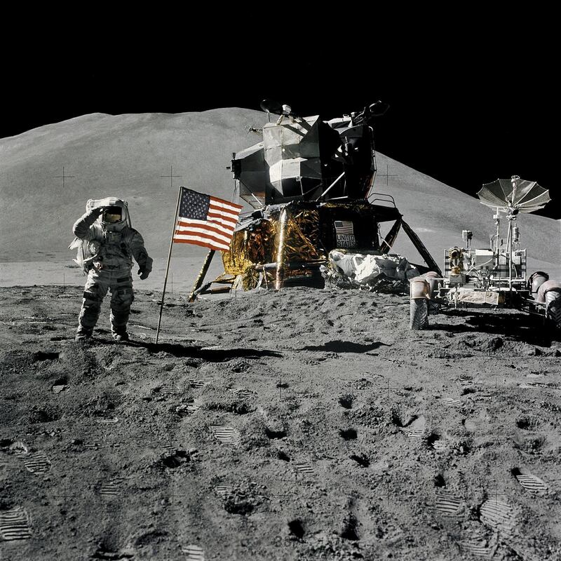 Astronaut James Irwin, lunar module pilot, gives a military salute while standing beside the U.S. flag during Apollo 15 lunar surface extravehicular activity (EVA) at the Hadley-Apennine landing site on the moon, August 1, 1971. NASA/David Scott/Handout via REUTERS   ATTENTION EDITORS - THIS IMAGE HAS BEEN SUPPLIED BY A THIRD PARTY.