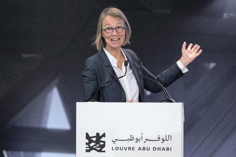 Abu Dhabi, United Arab Emirates, September 6, 2017:    Francoise Nyssen French Minister of Culture speaks during an event announcing that the Louvre Abu Dhabi will open November 11th, at Manarat Al Saadiyat on Saadiyat Island in Abu Dhabi on September 6, 2017. Christopher Pike / The National

Reporter: Nick Leech
Section: Arts & Culture