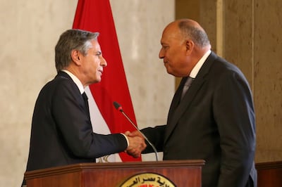 Egyptian Foreign Minister Sameh Shoukry (R) with US Secretary of State Antony Blinken (L) after their meeting in Cairo on Monday. EPA