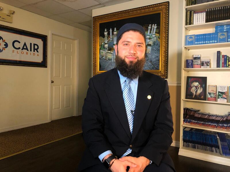 Hassan Shibly, lawyer for 24-year-old Hoda Muthana, poses in his office in Tampa, Florida, on February 20, 2019. The United States said Wednesday it would refuse to take back Muthana, a US-born Islamic State propagandist, who wants to return from Syria, saying that she is no longer a citizen. "Ms. Hoda Muthana is not a US citizen and will not be admitted into the United States," Secretary of State Mike Pompeo said in a terse statement. / AFP / Gianrigo MARLETTA
