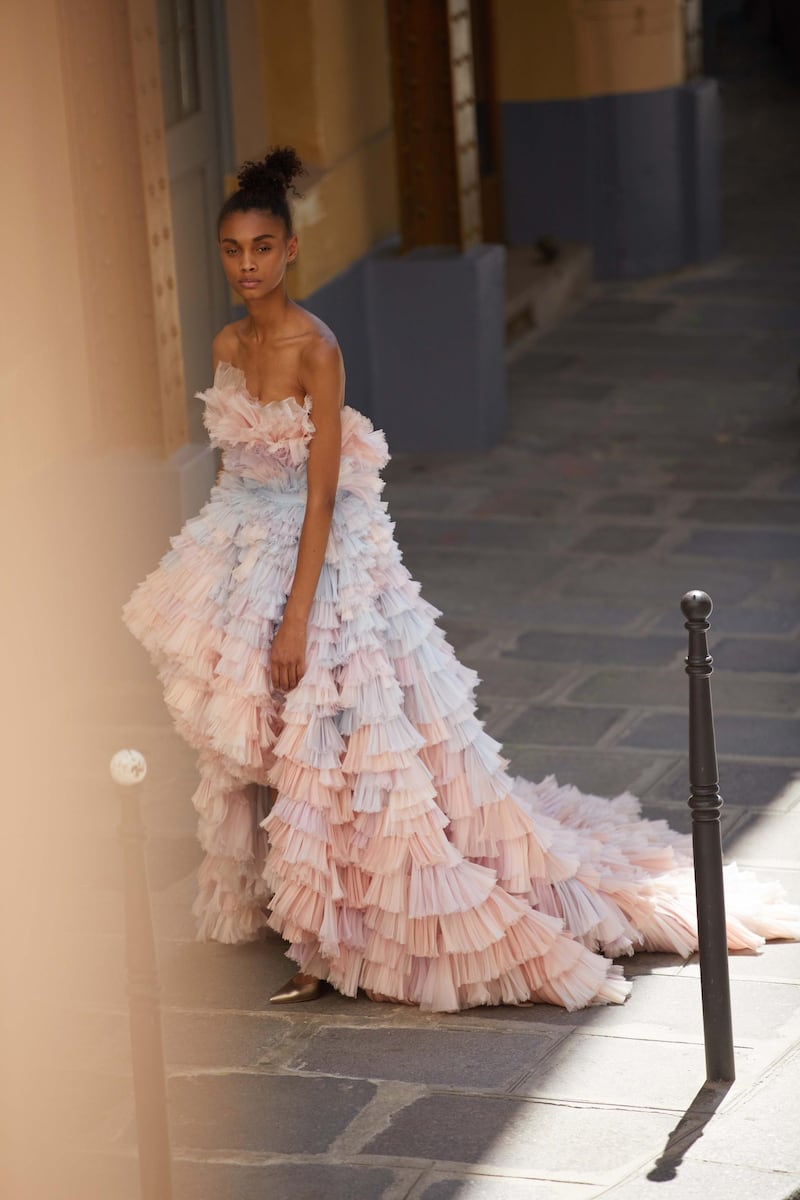 through the lens: Photography | Chantelle Dosser fashion director | Sarah MaiseyPink, peach, lavender and blue silk organza ballgown with a hand-pleated fan-frill appliqué, Ralph & Russo Haute Couture 
