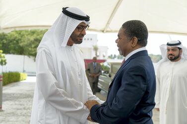 Sheikh Mohamed bin Zayed, Crown Prince of Abu Dhabi and Deputy Supreme Commander of the UAE Armed Forces, receives Dr Ali Shein, President of Zanzibar, at Al Shati Palace. Rashed Al Mansoori / Ministry of Presidential Affairs