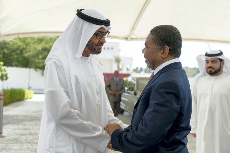 ABU DHABI, UNITED ARAB EMIRATES -September 28, 2019: HH Sheikh Mohamed bin Zayed Al Nahyan, Crown Prince of Abu Dhabi and Deputy Supreme Commander of the UAE Armed Forces (L), receives HE Dr Ali Mohamed Shein, President of Zanzibar (R), at Al Shati Palace.

( Rashed Al Mansoori / Ministry of Presidential Affairs )
---