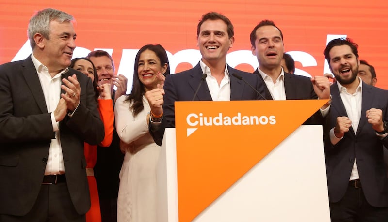 Ciudadanos President Albert Rivera celebrates next to party candidates at their party seat in Madrid, Spain. EPA
