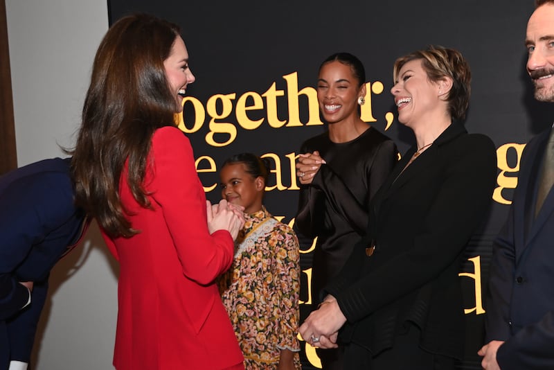 The Princess of Wales laughs with journalist Kate Silverton and singer Rochelle Humes at the launch event. Getty