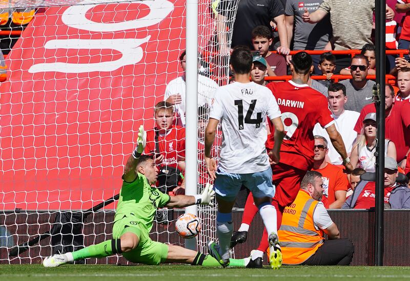 Liverpool Darwin Nunez hits the post ahead of Matty Cash's own-goal for Villa. PA