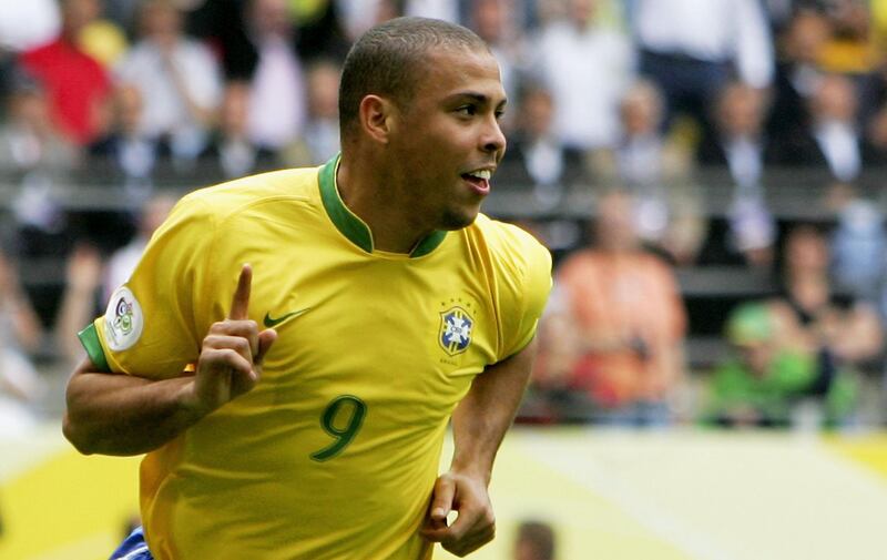 DORTMUND, GERMANY - JUNE 27:  Ronaldo of Brazil celebrates after scoring the opening goal during the FIFA World Cup Germany 2006 Round of 16 match between Brazil and Ghana at the Stadium Dortmund on June 27, 2006 in Dortmund, Germany.  (Photo by Stuart Franklin/Bongarts/Getty Images)