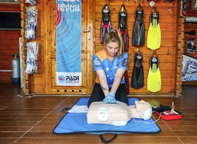 Abu Dhabi, U.A.E., August 2, 2018.
Images on CPR demonstration on dummies by Nicola Liddell.
Victor Besa / The National
Section:  NA
Reporter:  Patrick Ryan