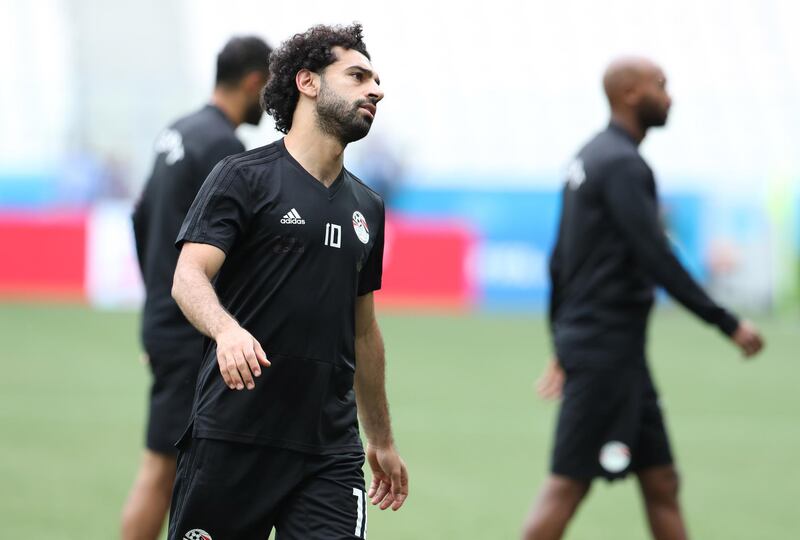 Egypt's Mohamed Salah trains with his team at the Volgograd Arena in Volgograd on June 24, on the eve of their World Cup Group A match against Saudi Arabia. AFP