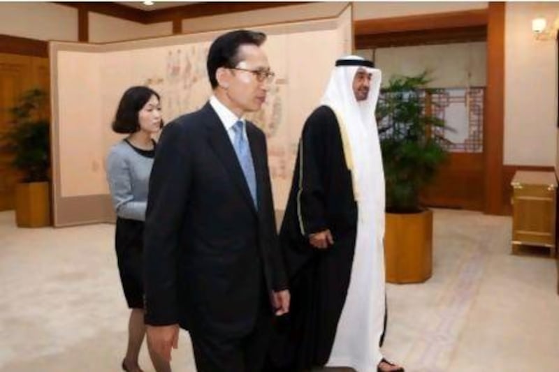 Sheikh Mohammed bin Zayed Al Nahyan, Crown Prince of Abu Dhabi, with Lee Myung-Bak, left, the president of South Korea at the presidential palace in Seoul during an official visit in 2010.