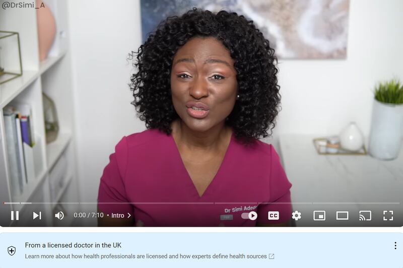 UK doctor Simi Adedeji is among the healthcare professionals to have their account verified by YouTube. Photo: YouTube