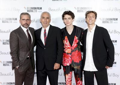 LONDON, ENGLAND - OCTOBER 13:  (L-R) Steve Carell, David Sheff, Timothee Chalamet and Nic Sheff attend the UK Premiere of "Beautiful Boy" 