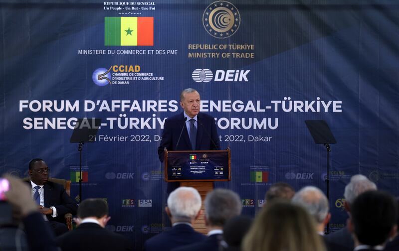 Mr Erdogan speaks at the Senegal-Turkey business forum in Dakar. EPA / Turkish President Press Office Handout