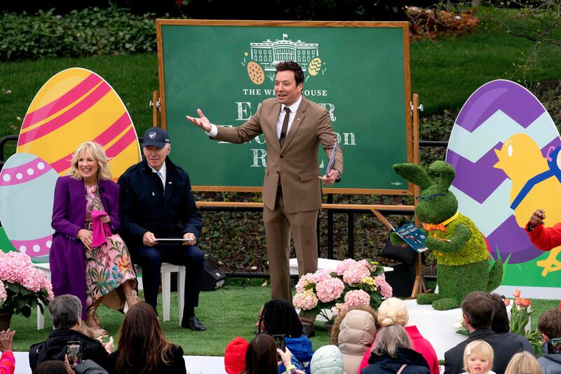 Television host Jimmy Fallon reads to children with US President Joe Biden and First Lady Jill Biden during the annual Easter Egg Roll in Washington. AFP