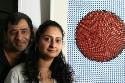 Pakistani artists Aisha Khalid(front) and Imran Qureshi with their works at the HK Arts Centre at Experimental Gallery, 3/F, Hong Kong Arts Centre, Wan Chai. 16 OCTOBER 2007. (Photo by Dickson Lee/South China Morning Post via Getty Images)