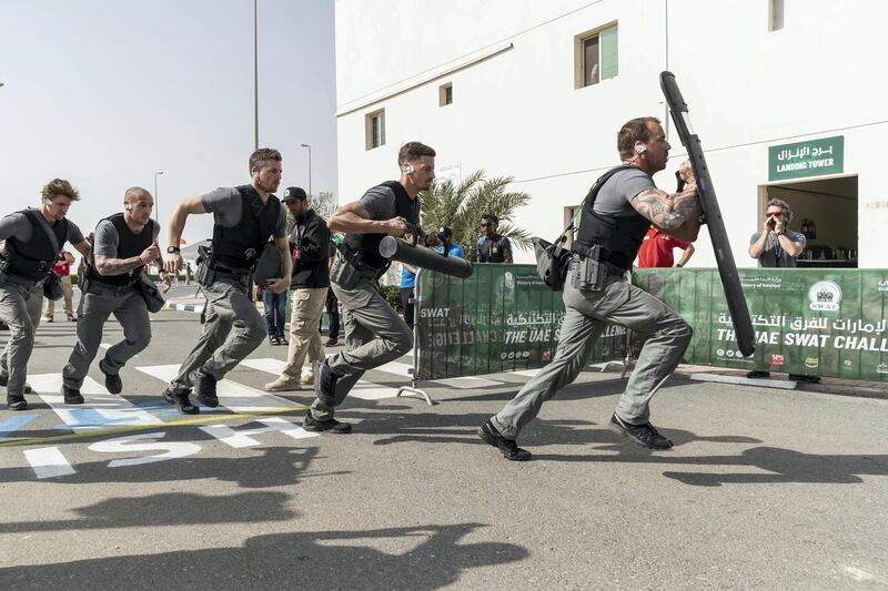 DUBAI, UNITED ARAB EMIRATES. 09 FEBRUARY 2020. Under the direction of Lt General Sheikh Saif bin Zayed Al Nahyan, Deputy Prime Minister and Minister of Interior, and organised by the Dubai Police, the UAE SWAT Challenge 2020 witnesses fierce competition among 54 teams from 30 countries compete on the first day of the challenge by rescuing a hostage. The Dutch team start their first exercise. (Photo: Antonie Robertson/The National) Journalist: None. Section: National.

