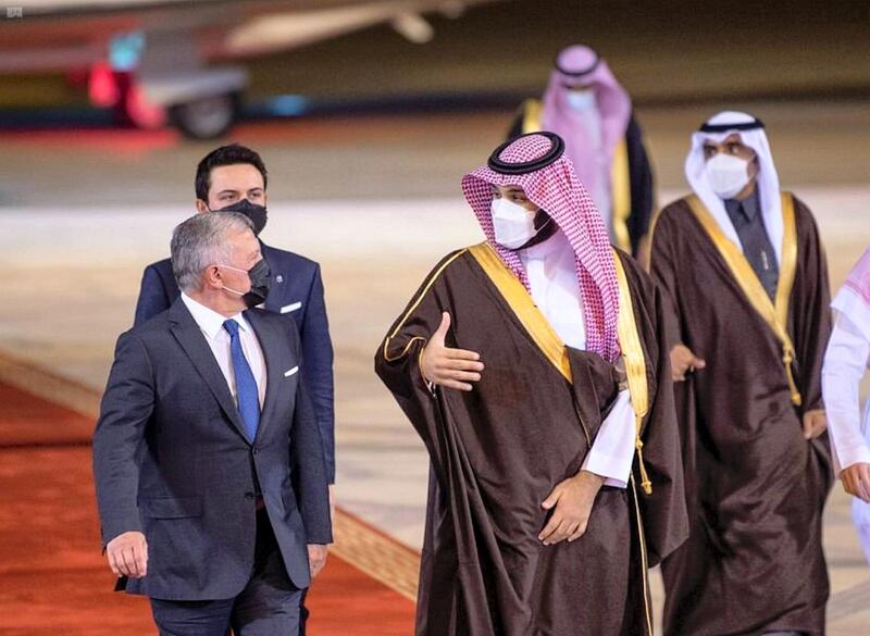 Jordan's King Abdullah II arrives in Riyadh, where he is welcomed by Saudi  Crown Prince Mohammed bin Salman. SPA