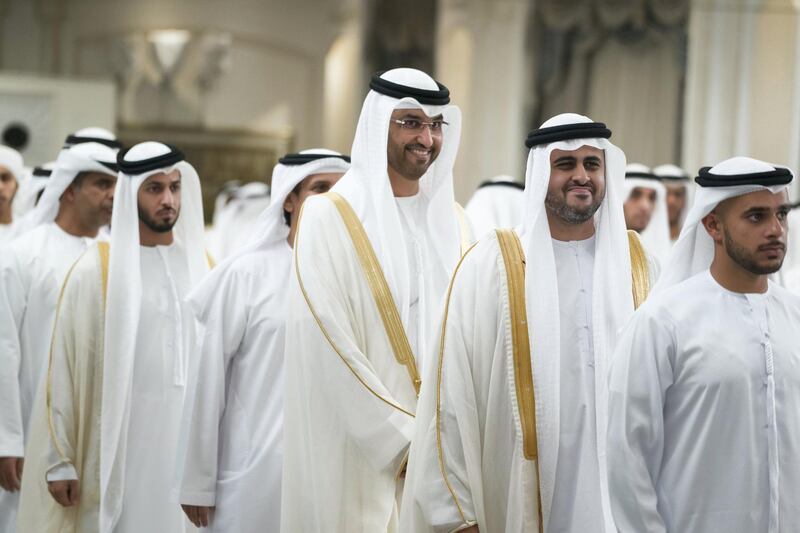 ABU DHABI, UNITED ARAB EMIRATES - June 15, 2018: HH Sheikh Theyab bin Mohamed bin Zayed Al Nahyan, Chairman of the Department of Transport, and Abu Dhabi Executive Council Member (2nd R) and HE Dr Sultan Ahmed Al Jaber, UAE Minister of State, Chairman of Masdar and CEO of ADNOC Group (3rd R), attend an Eid Al Fitr reception at Mushrif Palace. 


( Mohamed Al Hammadi / Crown Prince Court - Abu Dhabi )
---