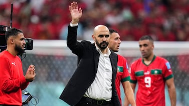 Morocco's head coach Walid Regragui waves to fans at the end of the World Cup semifinal soccer match between France and Morocco at the Al Bayt Stadium in Al Khor, Qatar, Wednesday, Dec.  14, 2022.  France won 2-0 and will play Argentina in Sunday's final.  (AP Photo / Manu Fernandez)
