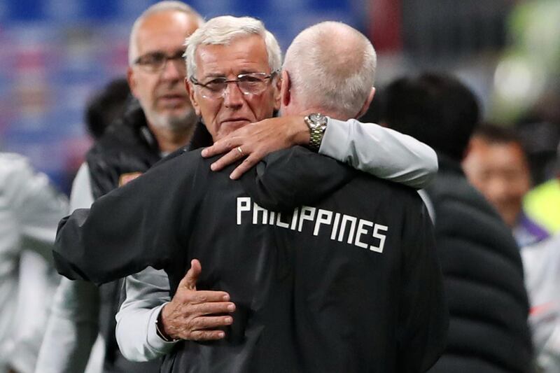 Soccer Football - AFC Asian Cup - Philippines v China - Group C - Mohammed bin Zayed Stadium, Abu Dhabi, United Arab Emirates - January 11, 2019  China coach Marcello Lippi and Philippines coach Sven-Goran Eriksson after the match  REUTERS/Suhaib Salem