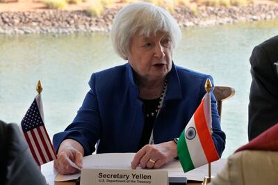 US Treasury Secretary Janet Yellen speaks during a meeting with Indian and US technology business leaders on the sidelines of the G20 financial conclave on the outskirts of Bengaluru. AP Photo