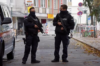 VIENNA, AUSTRIA - NOVEMBER 03: Police stands guard at Schwedenplatz the day after a deadly shooting spree on November 03, 2020 in Vienna, Germany. One gunman, identified as a Chechen man who had sworn alliance to the Islamic State (IS), was shot and killed by police after he ran shooting with a long gun through an area with restaurants and cafes. So far four people are confirmed dead and 17 wounded. Police are searching for a second possible suspect. (Photo by Thomas Kronsteiner/Getty Images)