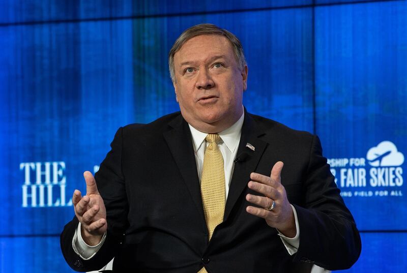 US Secretary of State Mike Pompeo speaks during a discussion on the major foreign policy priorities of the State Department in Washington, DC, on April 29, 2019. US Secretary of State Mike Pompeo on warned that Russia would seek to interfere in elections for decades ahead and vowed that Washington would try to thwart its efforts. / AFP / NICHOLAS KAMM
