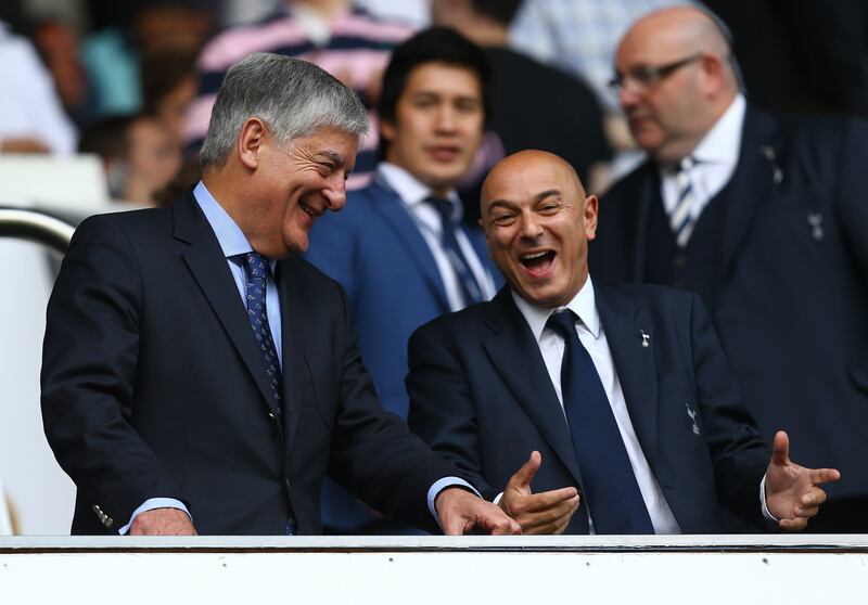 LONDON, ENGLAND - MAY 19:   FA Chairman David Bernstein(L) and Tottenham Chairman Daniel Levy share a joke during the Barclays Premier League match between Tottenham Hotspur and Sunderland at White Hart Lane on May 19, 2013 in London, England.  (Photo by Jan Kruger/Getty Images) *** Local Caption ***  169061304.jpg