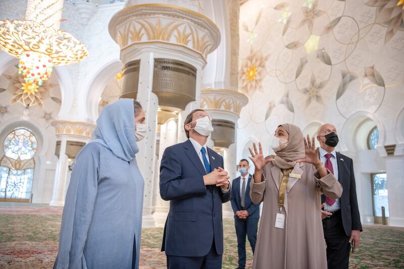 Israeli President Isaac Herzog, his wife, Michel Herzog, and the accompanying delegation tour the mosque during the president's official visit to the UAE.