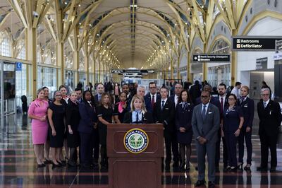 International President of the Association of Flight Attendants-CWA Sara Nelson speaks at Ronald Reagan Washington National Airport in Arlington, Virginia. AFP