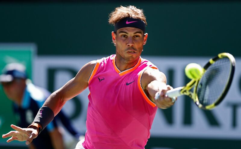 epa07434707 Rafael Nadal of Spain in action against Filip Krajinovic of Serbia during the BNP Paribas Open tennis tournament at the Indian Wells Tennis Garden in Indian Wells, California, USA, 13 March 2019. The men's and women's final will be played, 17 March 2019.  EPA/LARRY W. SMITH