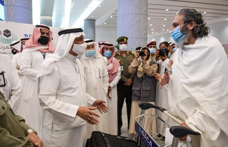 Mohammed Saleh Benten, Saudi Arabia's Minister of Hajj and Umrah, welcomes Pakistani travellers. AFP