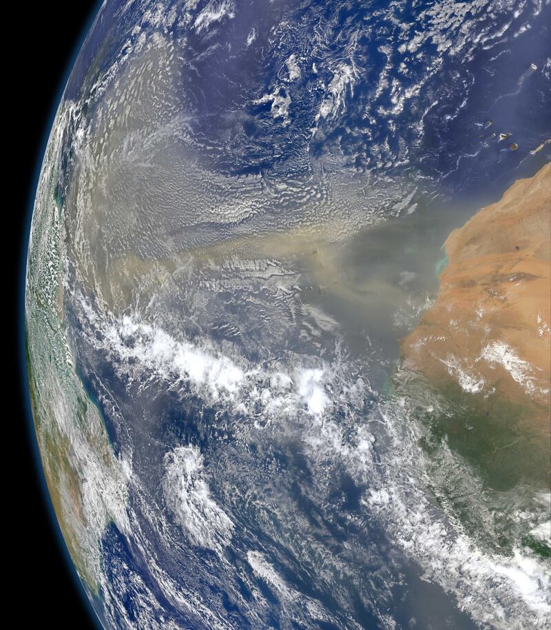 On 25 June 2020, satellite imagery shows large amounts of dust leaving West Africa and heading west towards South America and the Gulf of Mexico across the Atlantic Ocean. Courtesy NASA.