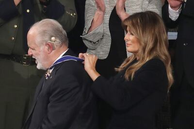 WASHINGTON, DC - FEBRUARY 04: Radio personality Rush Limbaugh reacts after First Lady Melania Trump gives him the Presidential Medal of Freedom during the State of the Union address in the chamber of the U.S. House of Representatives on February 04, 2020 in Washington, DC. President Trump delivers his third State of the Union to the nation the night before the U.S. Senate is set to vote in his impeachment trial.   Drew Angerer/Getty Images/AFP
== FOR NEWSPAPERS, INTERNET, TELCOS & TELEVISION USE ONLY ==
