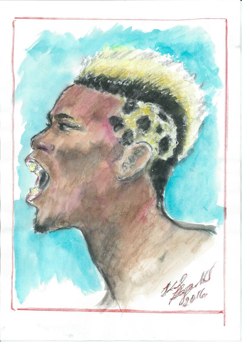 The exhibition features pictures of famous football players, like Paul Pogba, drawn by fashion legend Karl Lagerfeld. Courtesy Sepp Football Fashion