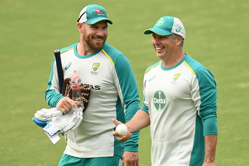 Australia batsman Aaron Finch, left, during a training session at the Junction Oval. Getty
