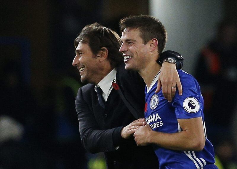 Chelsea manager Antonio Conte with Chelsea’s Cesar Azpilicueta after the match. Andrew Couldridge / Action Images / Reuters