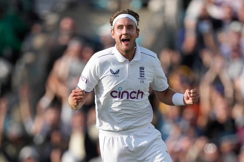 England's Stuart Broad celebrates after taking the wicket of Alex Carey to bowl out Australia and win the fifth Ashes Test to level the series at 2-2 at The Oval on Monday, July 31, 2023.  AP 