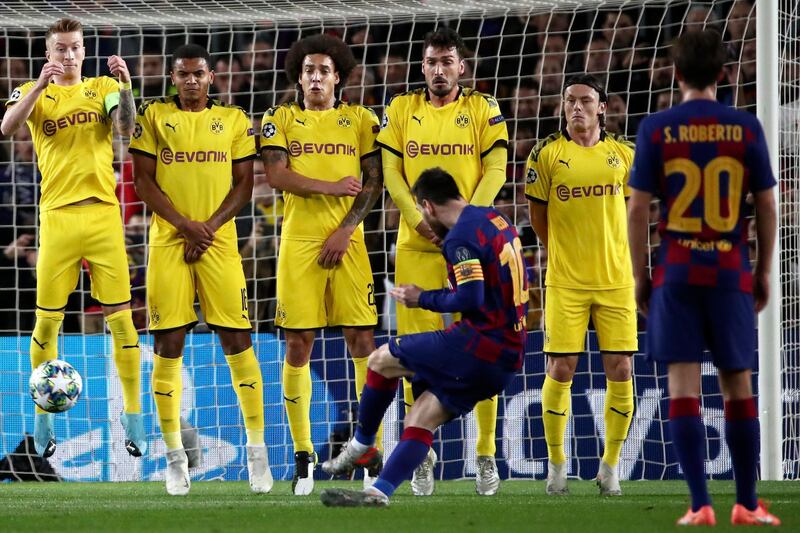 Barcelona's Lionel Messi goes for goal from a free-kick. AP