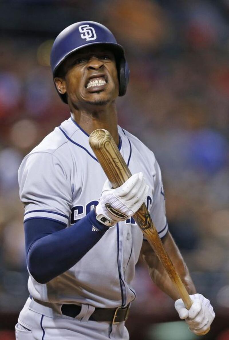 San Diego Padres’ Melvin Upton Jr grimaces after striking out against the Arizona Diamondbacks during the seventh inning in Phoenix. Ross D. Franklin / AP