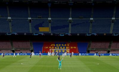 Soccer Football - Champions League - Round of 16 Second Leg - FC Barcelona v Napoli - Camp Nou, Barcelona, Spain - August 8, 2020  General view inside the stadium during the match, as play resumes behind closed doors following the outbreak of the coronavirus disease (COVID-19)  REUTERS/Albert Gea
