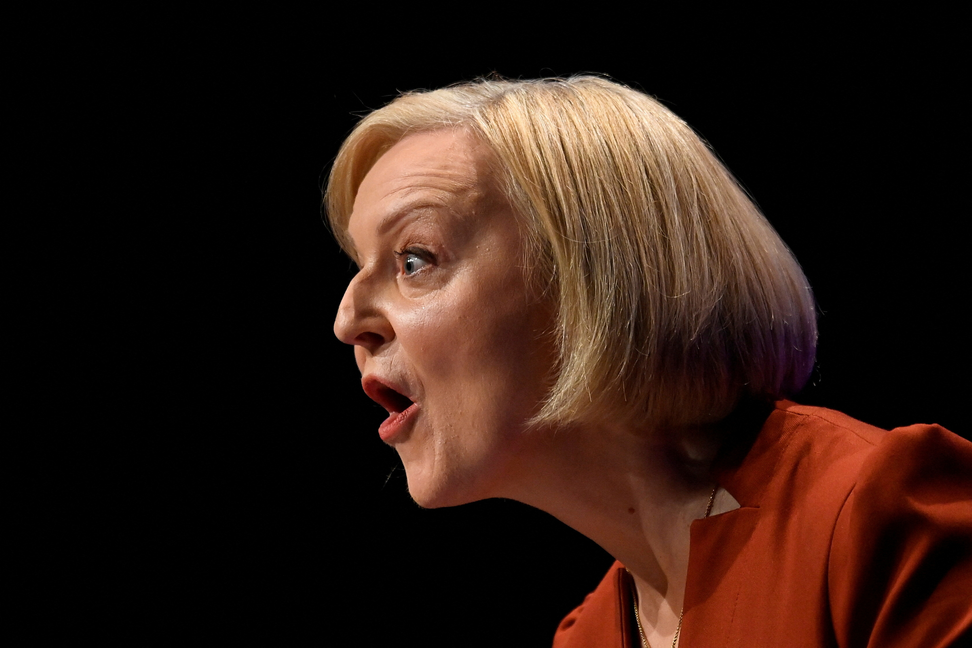 British Prime Minister Liz Truss speaks on stage at Britain's Conservative Party's annual conference in Birmingham. Reuters