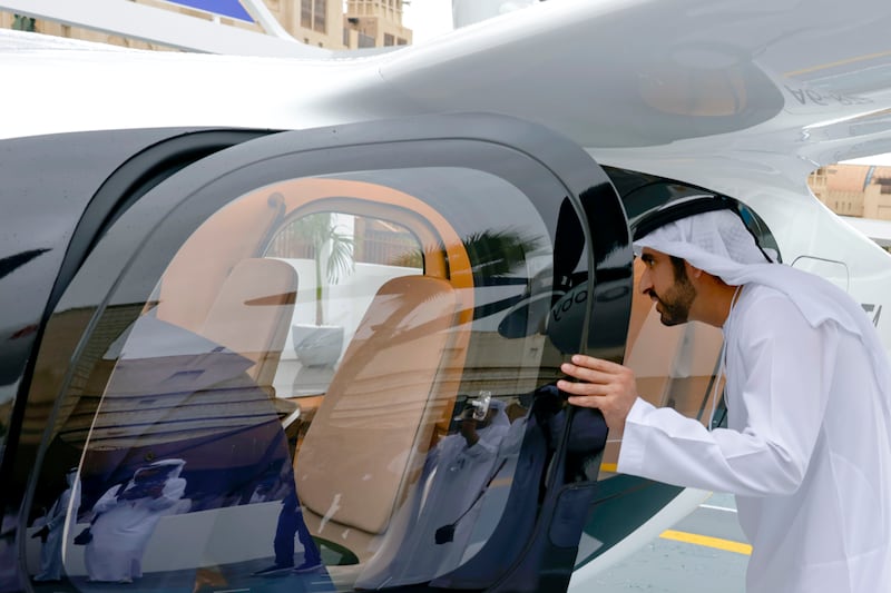 Sheikh Hamdan bin Mohammed, Crown Prince of Dubai, inspects Joby Aviation's aircraft. Dubai Media Office