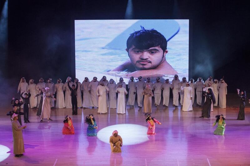 Performers and special-needs children on stage during the 20 year celebrations for the Rashid Paediatric Therapy Centre. Currently, about 300 pupils, aged between 5 and 18, attend the school. Antonie Robertson / The National 