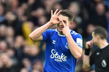 Everton's James Tarkowski reacts after scoring the opener goal for 1-0 lead against Arsenal during the English Premier League soccer match between Everton FC and Arsenal London in Liverpool, Britain, 04 February 2023.   EPA/Peter Powell EDITORIAL USE ONLY.  No use with unauthorized audio, video, data, fixture lists, club/league logos or 'live' services.  Online in-match use limited to 120 images, no video emulation.  No use in betting, games or single club / league / player publications