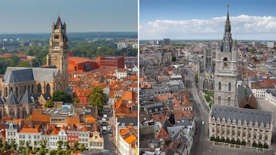 Bruges, left, is filled with canals, medieval architecture and plenty of charm, similar to nearby Ghent, right. Getty Images